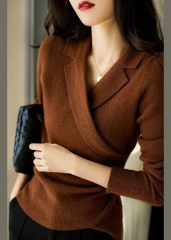 Chic Caramel Peter Pan Collar Asymmetrical Design Slim Fit Fall Sweater