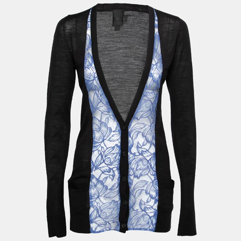 Vera Wang Collection Black And Blue Lace Trim Button Front Cardigan