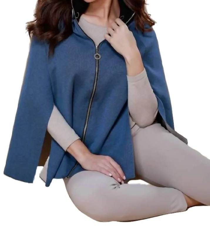 High Slit Detachable Hooded Poncho In Denim Stone