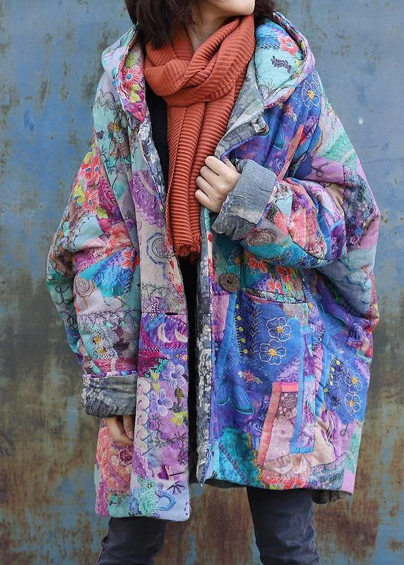 2024 Purple Prints Overcoat Oversized Warm Winter Coat Hooded Patchwork Overcoat