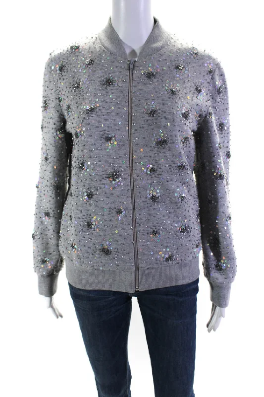 Ashish Womens Gray Sequins Beaded Long Sleeve Cotton Bomber Jacket