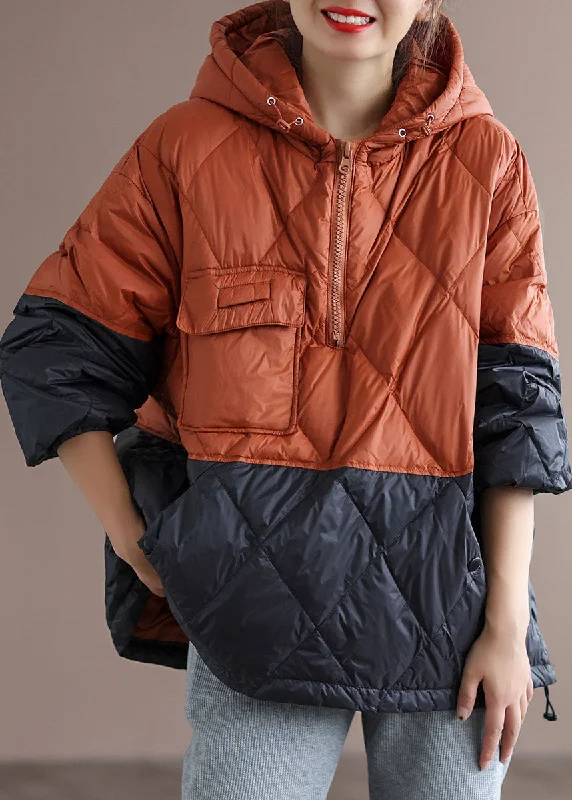 Boho Orange Patchwork Black hooded Loose Winter Down coat