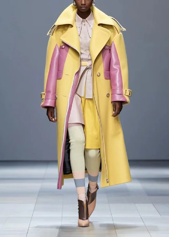 Boho Yellow Oversized Patchwork Faux Leather Coat Outwear Fall