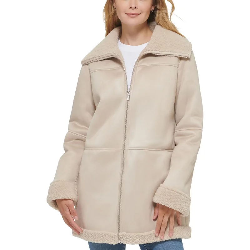 Calvin Klein Womens Faux Shearling Trim Heavy Walker Coat