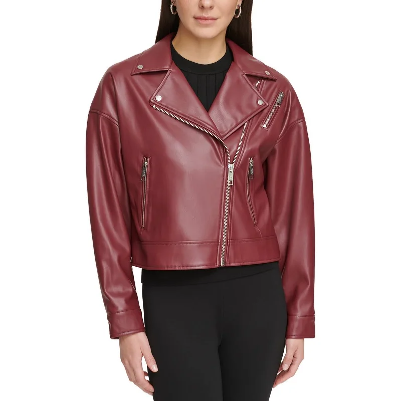 DKNY Womens Faux Leather Motorcycle Jacket