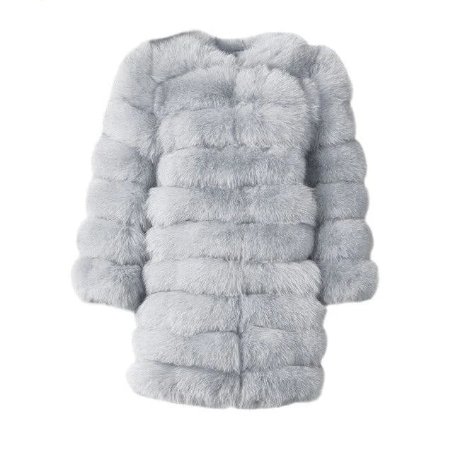 Light Grey Winter Women's Solid Thick Fur Long Detachable Coats & Jackets