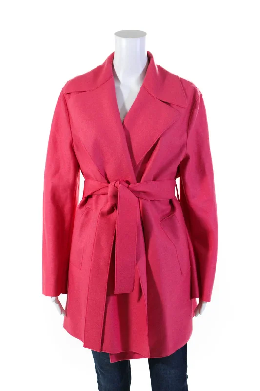 Sharis Place Womens Notched Lapel Belted Short Trench Coat Watermelon Wool Large