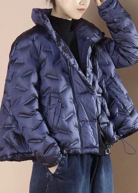 Simple Blue Short Puffer Jackets Winter Down Coat Outwear