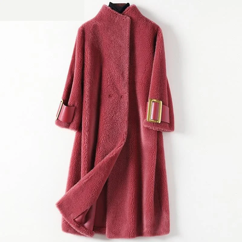 Spring Autumn Elegant Female Sheep Shearling Wool Long Coats & Jackets