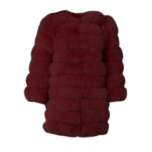 Wine Red Winter Women's Solid Thick Fur Long Detachable Coats & Jackets