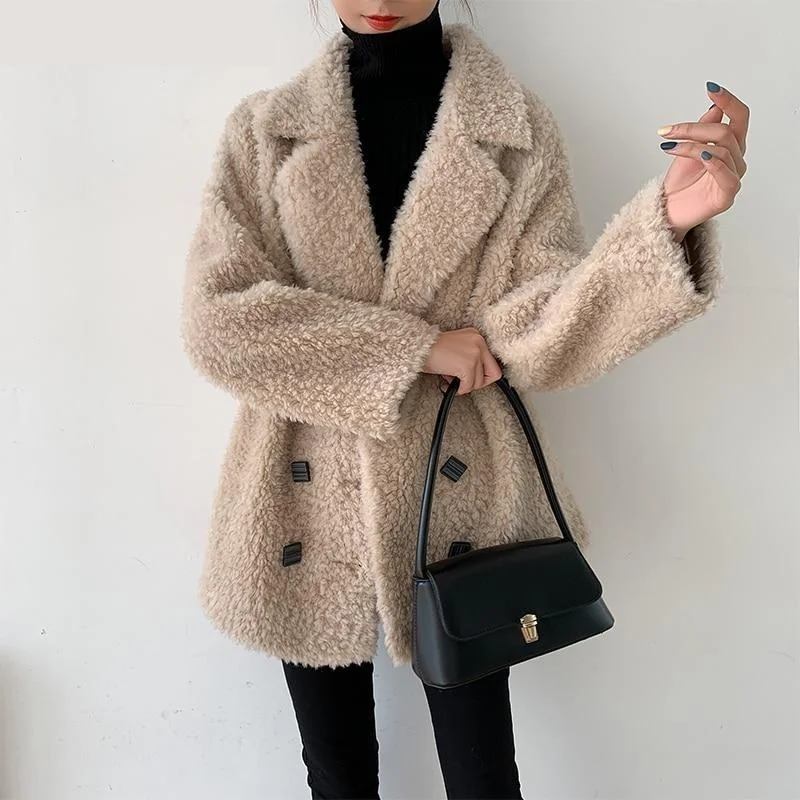 Winter Casual Korean Women's Real Sheep Shearling Wool Coats & Jackets