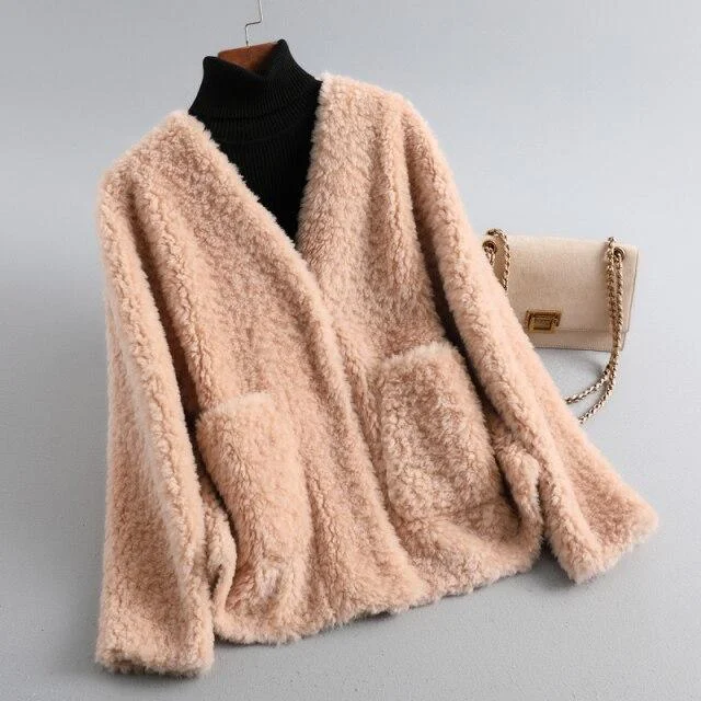 Winter Casual Women's Solid Sheep Shearling Fur V-neck Short Coats & Jackets