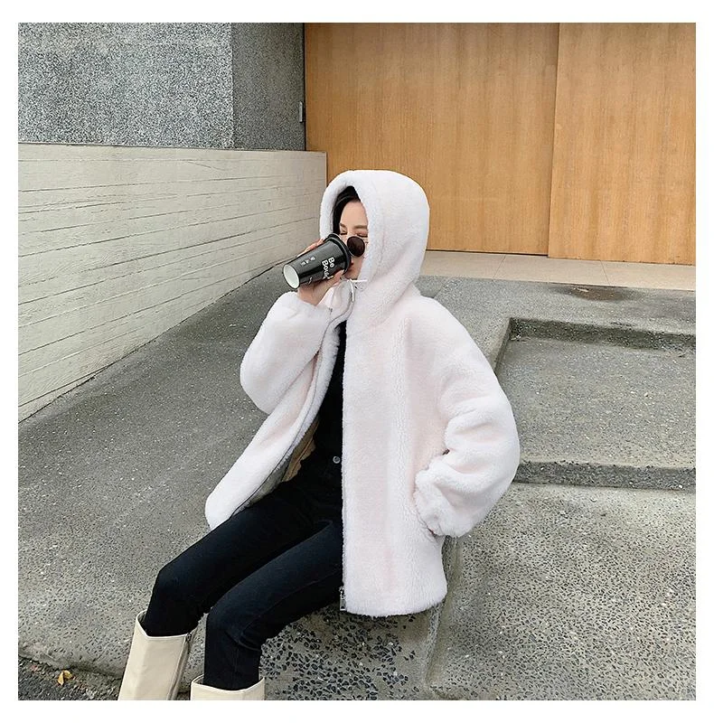 Winter Warm Thick Women's Real Sheep Shearling Fur Hooded Coats & Jackets