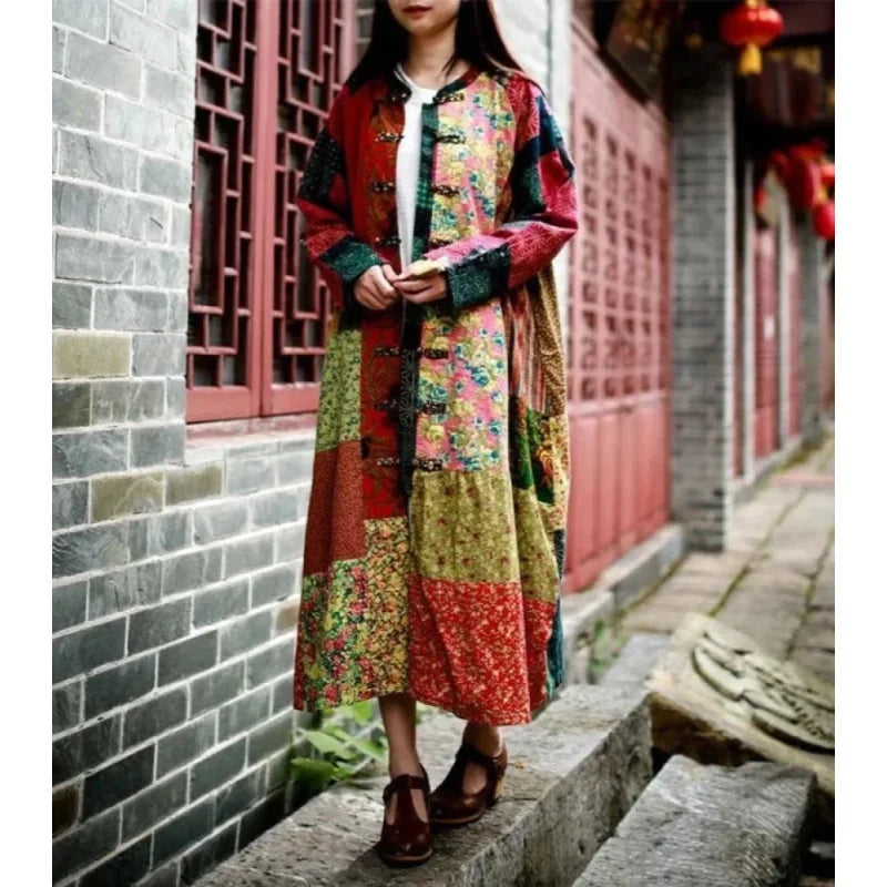 Women's Vintage Cotton Linen Flower Chinese Style Long Sleeve Mid-calf Coat