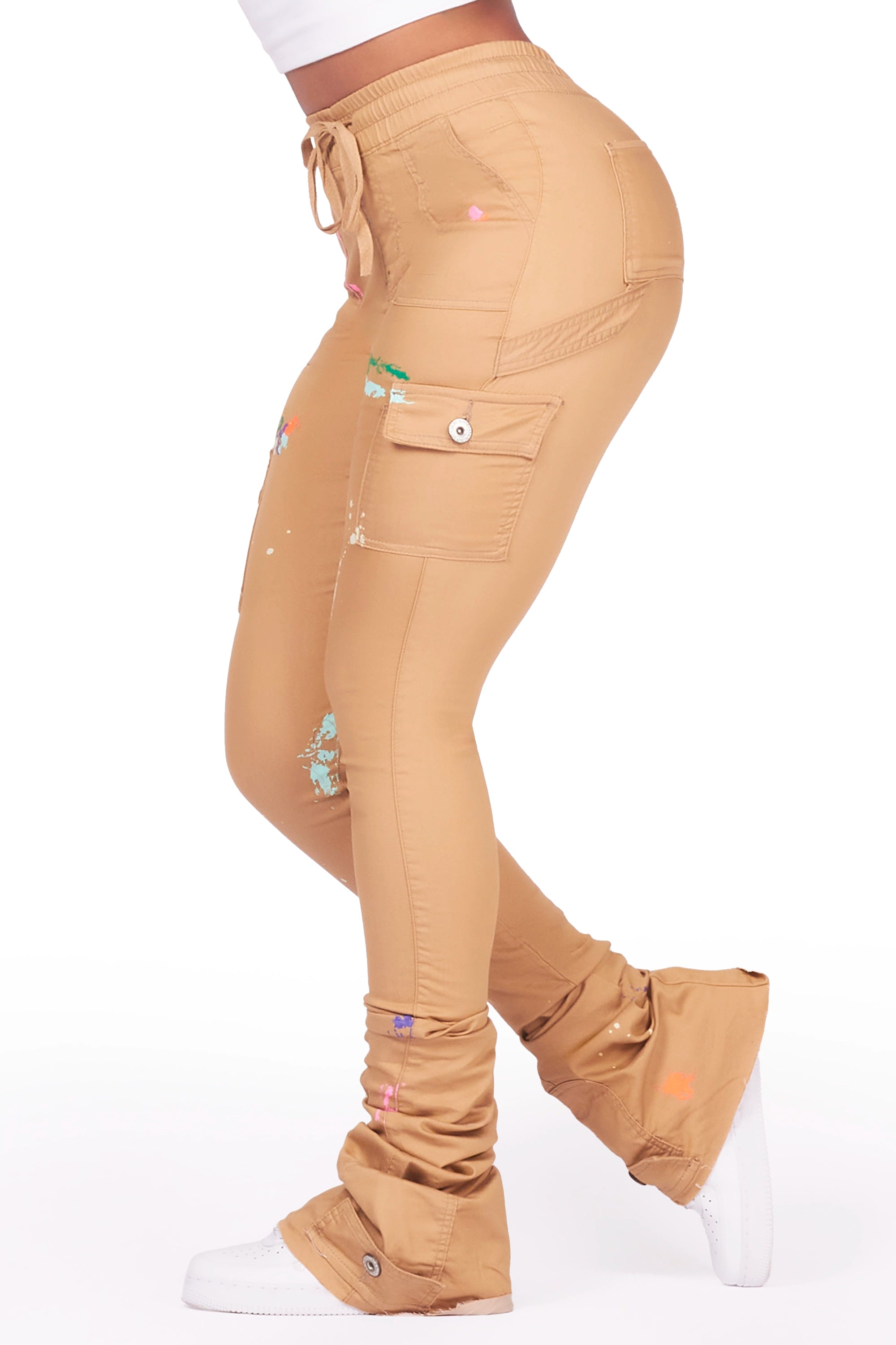 Taniya Dark Tan Cargo Painted Super Stacked Jean