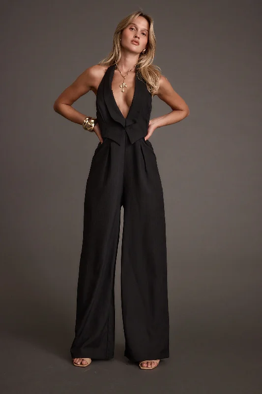 Astoria Black Plunge Halter Tailored Jumpsuit