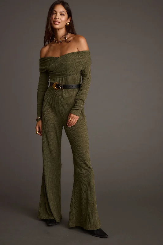 Greenwich Olive Knit Off The Shoulder Jumpsuit