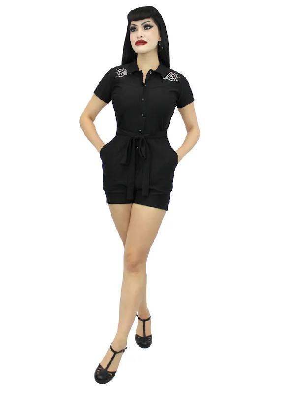 Stretchy Spiderweb Black Romper With Belt #E-SWBR