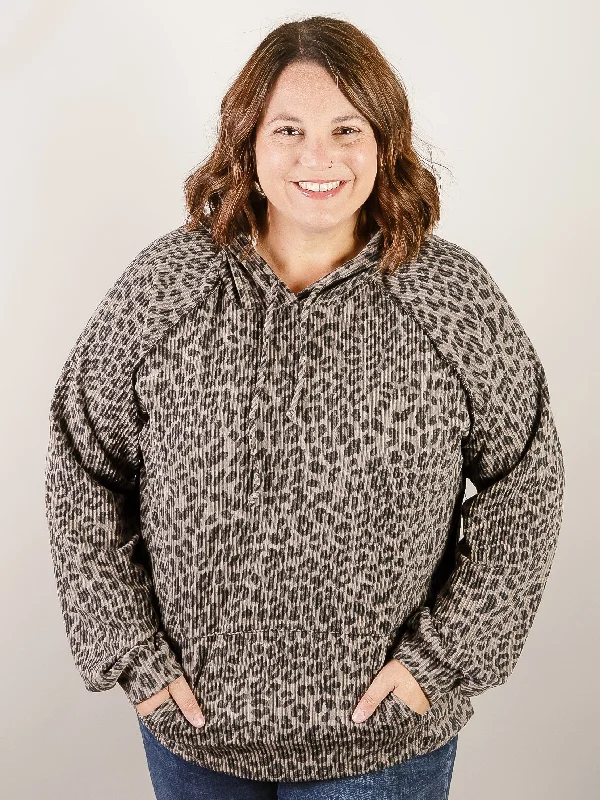 Curvy Charcoal Long Sleeve Animal Print Hooded Top