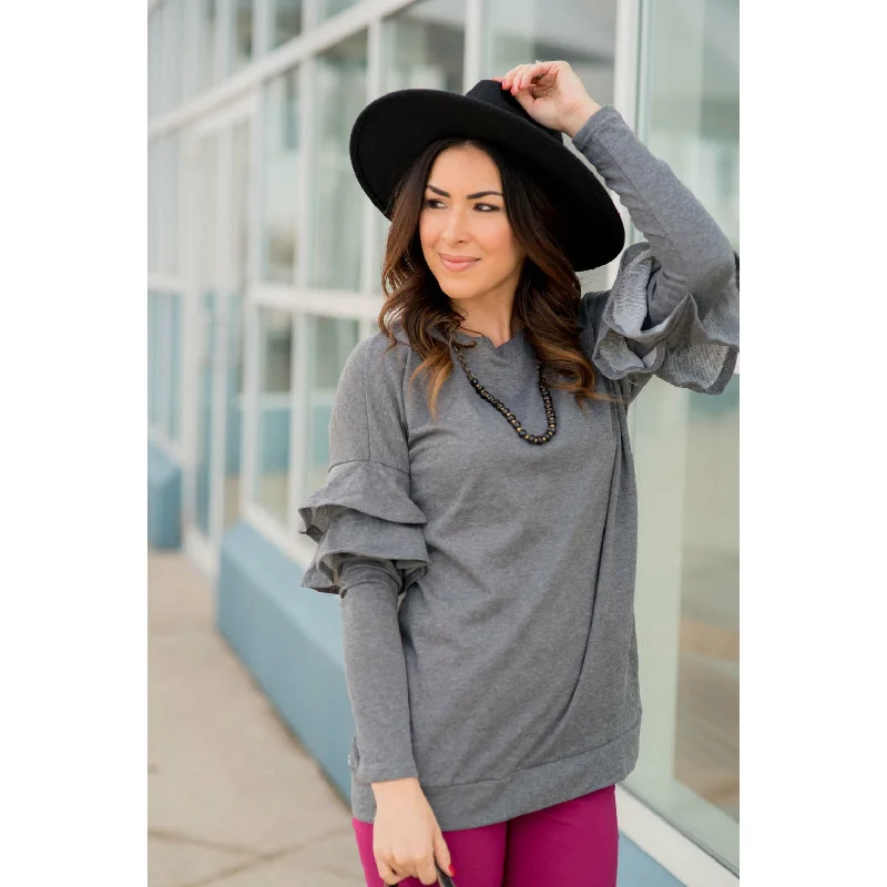 Long Sleeve Ruffle V Back Tee - Grey