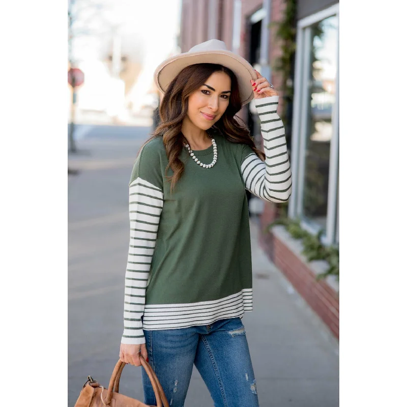 Ribbed Striped Sleeve Faux Layered Tee