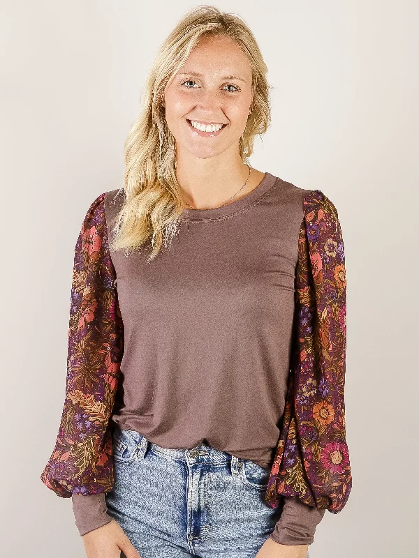 Solid Espresso Top with Floral Sleeves