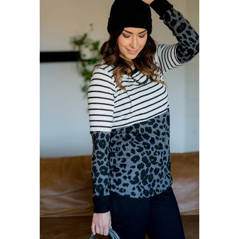 Stripe Top Cheetah Bottom Long Sleeve Tee - Grey