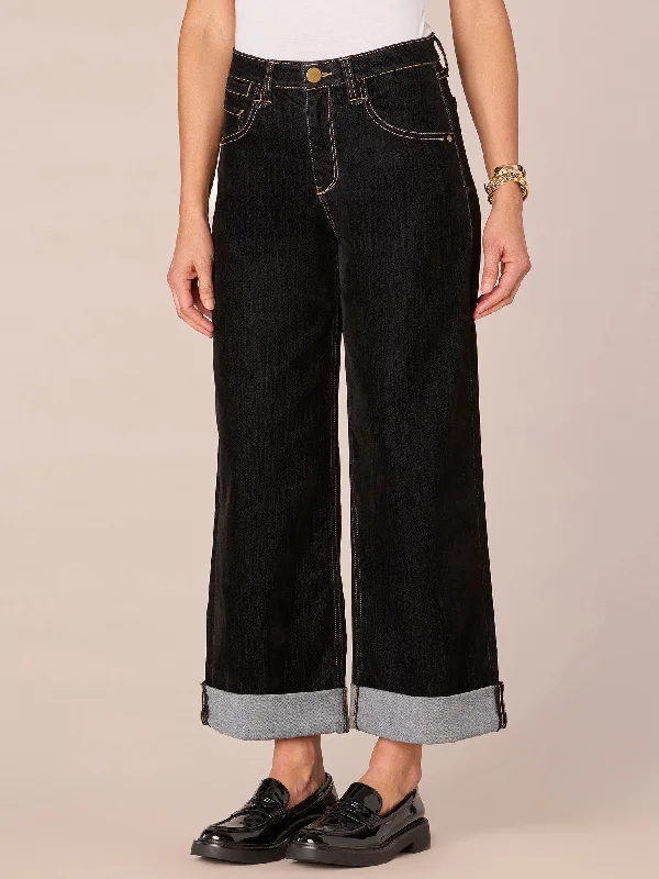 "Ab"solution High Rise Velvet Cuffed Double Peak Yoke Wide Leg Jeans