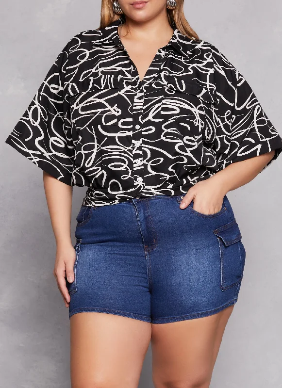 Plus Size Heart Scribble Print Button Front Top