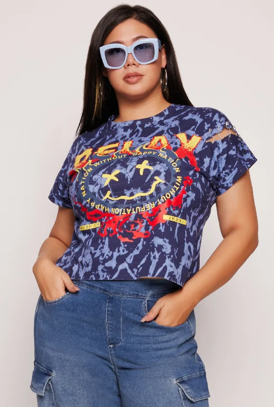 Plus Size Safety Pin Detail Raw Hem Graphic Tee