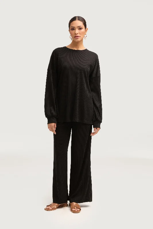 Mona Ribbed Top & Pants Matching Set - Black