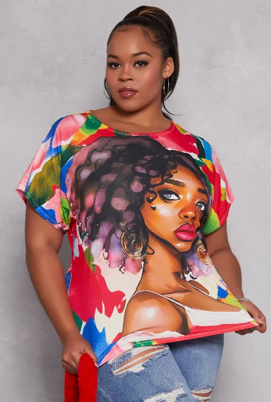 Plus Size Afro Girl Graphic Print Top