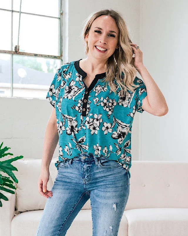 Andrea Floral Drop Shoulder Henley Top - Teal FINAL SALE