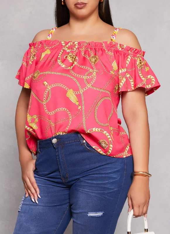 Plus Size Patterned Cold Shoulder Blouse