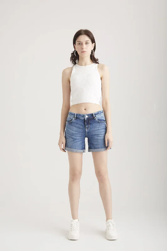 Emma Mid Waist 5 Pocket Denim Shorts Deep Blue